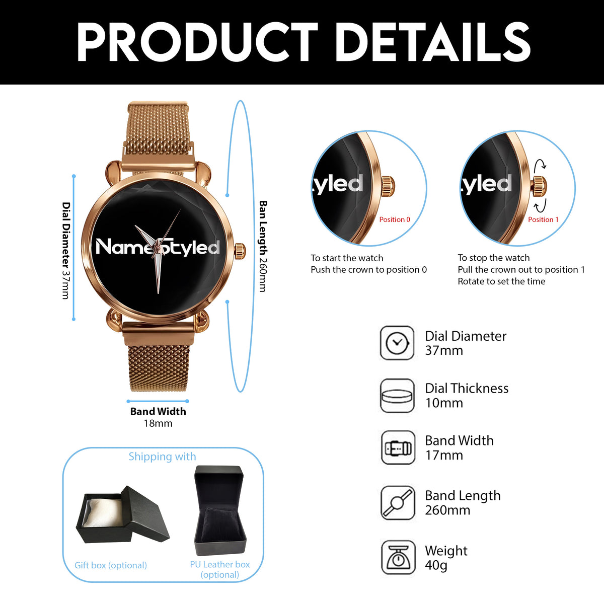 NameStyled A1506 Custom Engraved Mesh Strap Quartz Watch